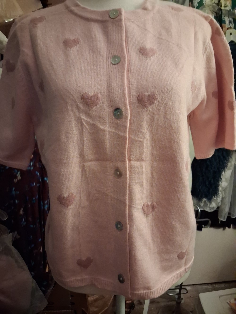 New,Tag, Pink- Rose Hearts Shell Button-Front Knit  Cardigan,Short Sleeve Size M